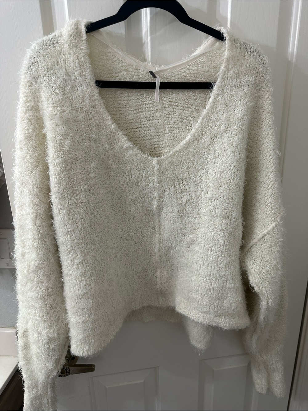 Free People Fuzzy V-Neck Sweater in Off-White